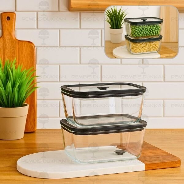 2Lİ SİYAH 800ML SİLİKON VAKUMLU, CAM SAKLAMA KABI (3H02)