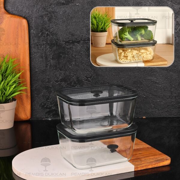 2Lİ SİYAH 800ML SİLİKON VAKUMLU, CAM SAKLAMA KABI (3H02)