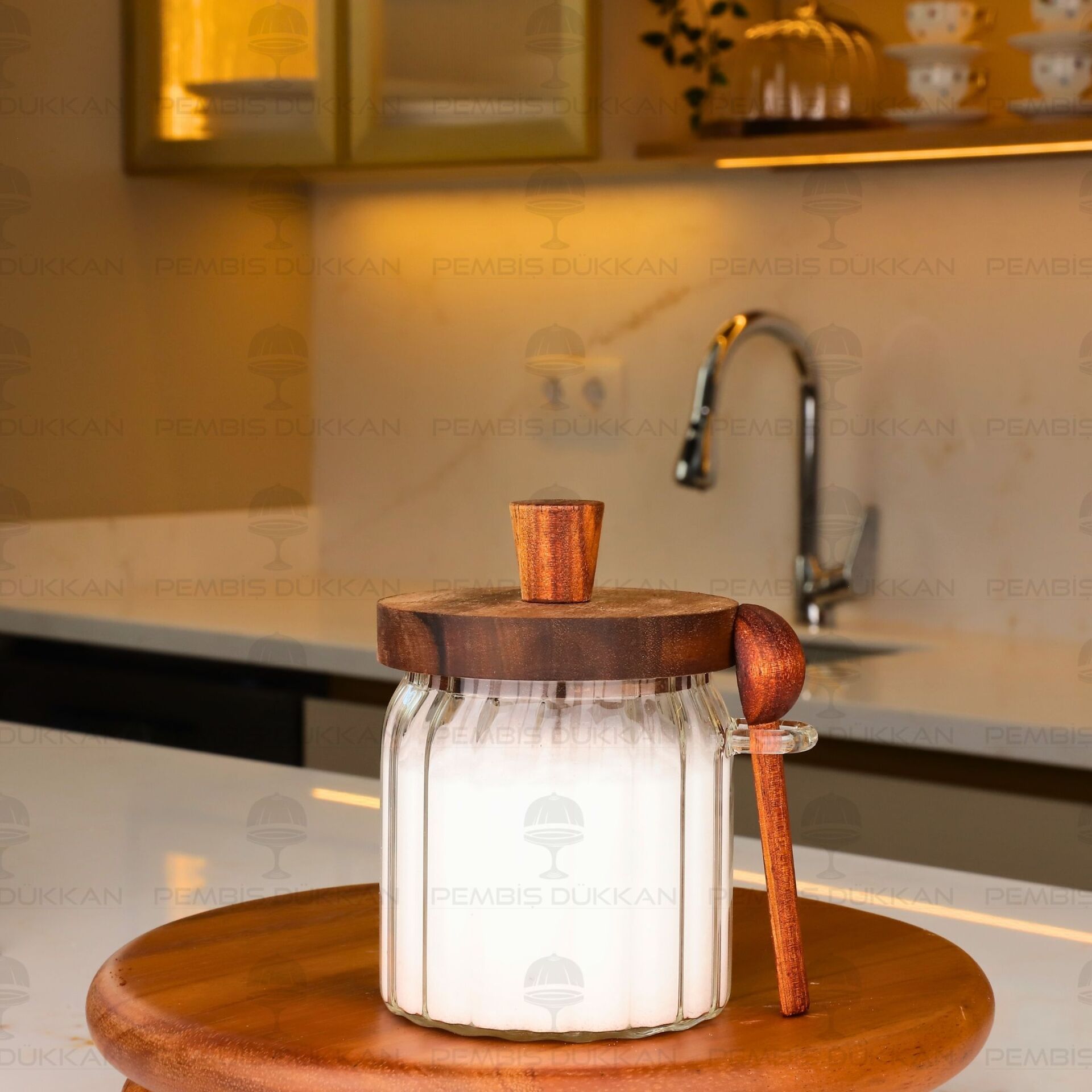 VALORE 450ML KAŞIKLI, AKASYA KAPAKLI ÇİZGİLİ KAVANOZ (BOR 0123)