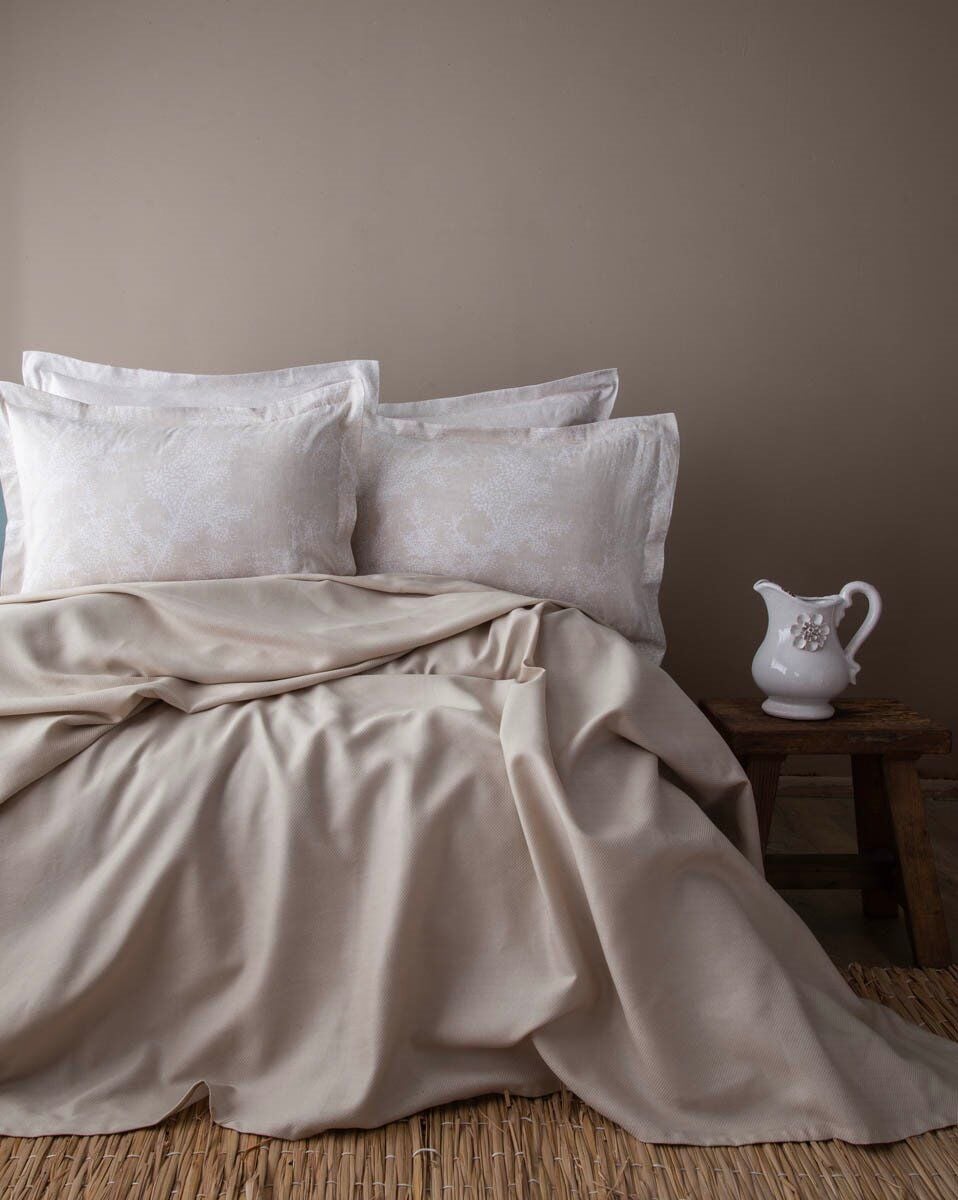 TANYA BAMBU ÇİFT KİŞİLİK PİKE TAKIMI - BEJ