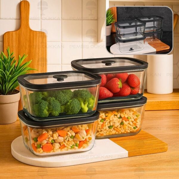 4LÜ SİYAH 800ML SİLİKON VAKUMLU, CAM SAKLAMA KABI (3H02)