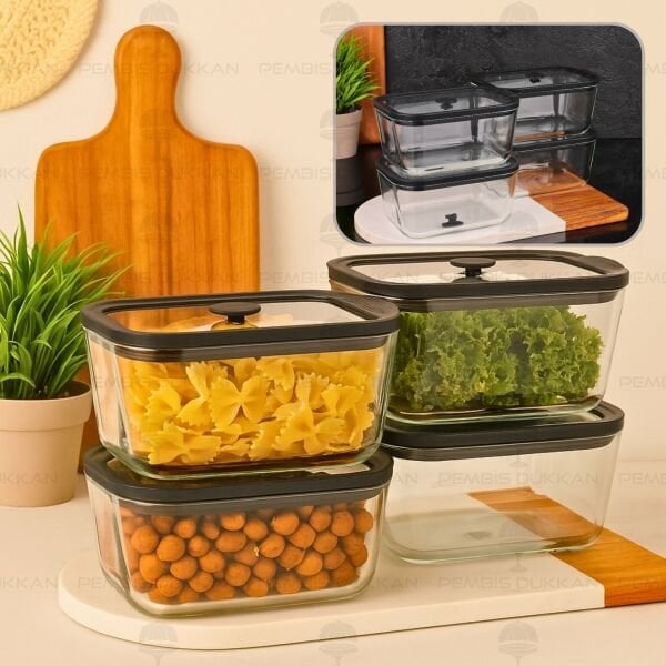 4LÜ SİYAH 800ML SİLİKON VAKUMLU, CAM SAKLAMA KABI (3H02)