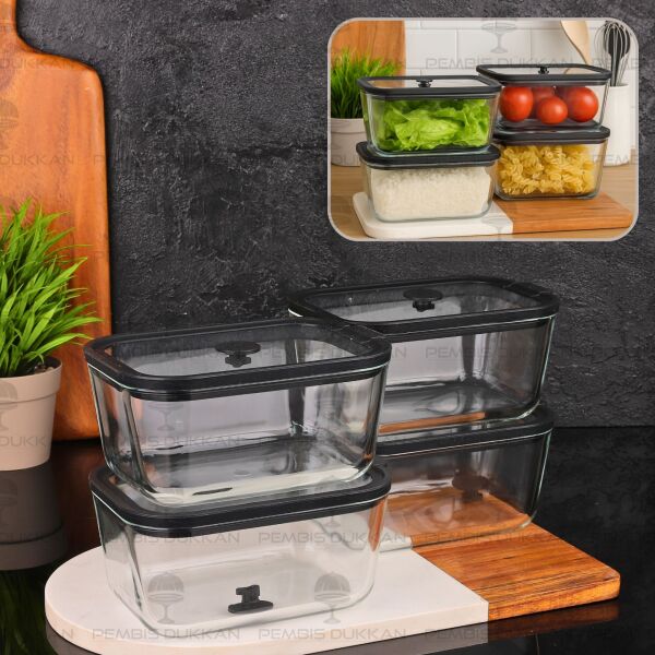 4LÜ SİYAH 800ML SİLİKON VAKUMLU, CAM SAKLAMA KABI (3H02)