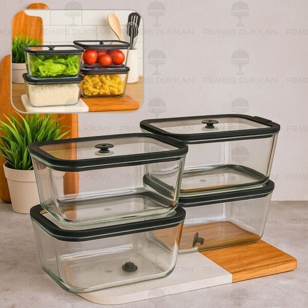 4LÜ SİYAH 800ML SİLİKON VAKUMLU, CAM SAKLAMA KABI (3H02)