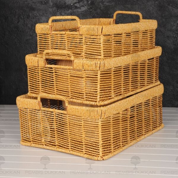 3LÜ DİKDÖRTGEN KULPLU RATTAN SEPET (6064)
