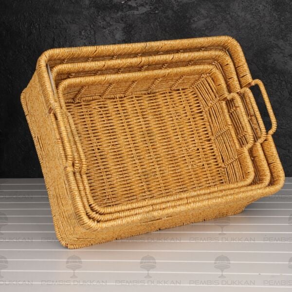 3LÜ DİKDÖRTGEN KULPLU RATTAN SEPET (6064)