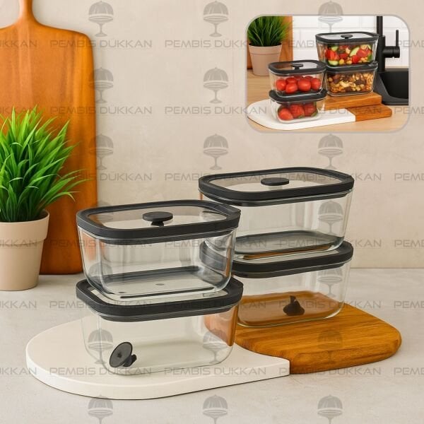 4LÜ SİYAH 470ML SİLİKON VAKUMLU, CAM SAKLAMA KABI (3H01)