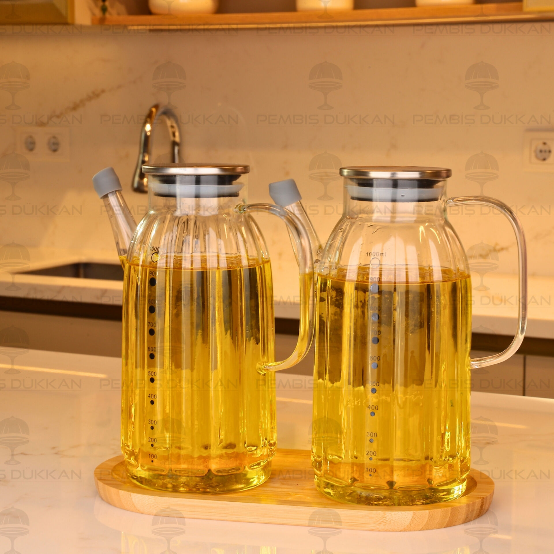 Bambu Altlıklı, 2li Kalın Çizgili Metal Yağdanlık Set (Gla01 + 75652)
