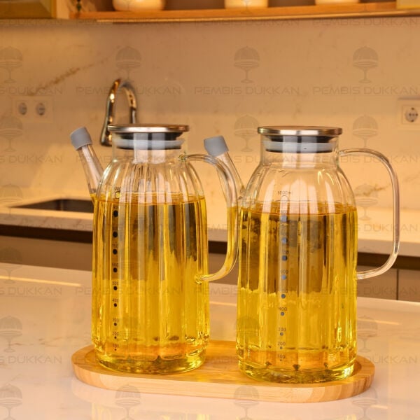 Bambu Altlıklı, 2li Kalın Çizgili Metal Yağdanlık Set (Gla01 + 75652)