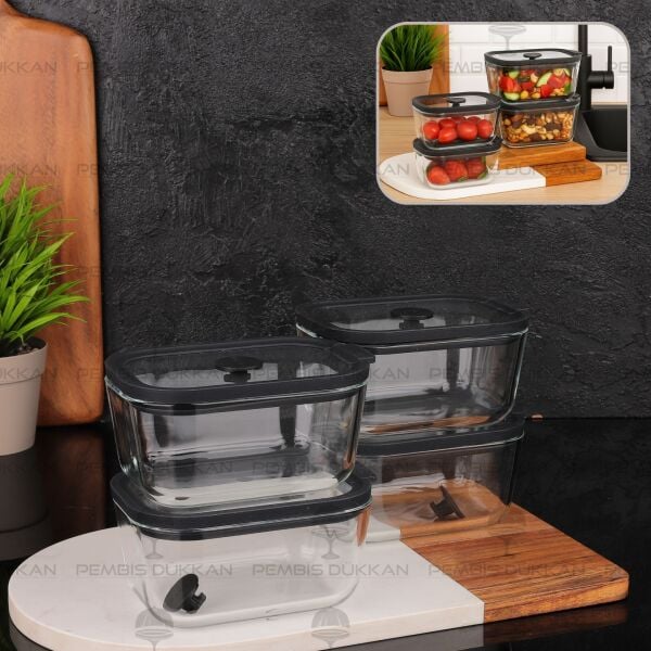 4LÜ SİYAH 470ML SİLİKON VAKUMLU, CAM SAKLAMA KABI (3H01)