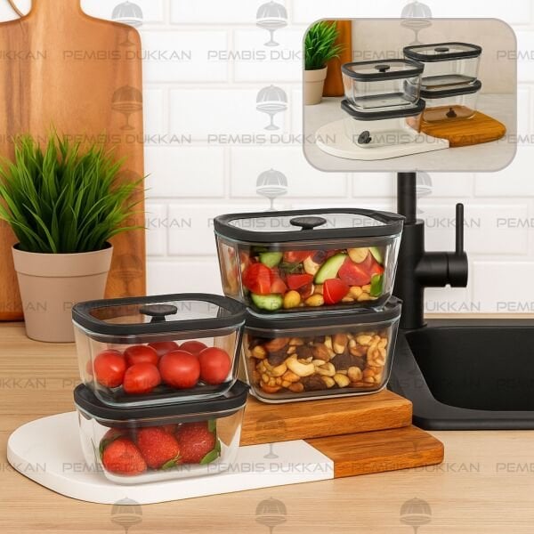 4LÜ SİYAH 470ML SİLİKON VAKUMLU, CAM SAKLAMA KABI (3H01)