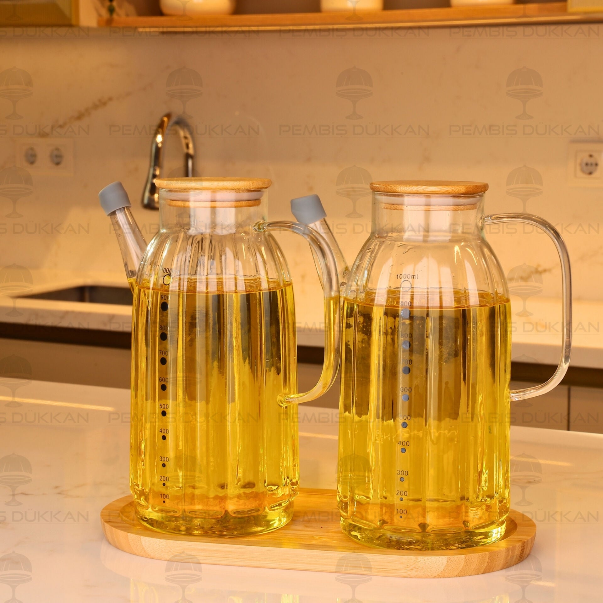 Bambu Altlıklı, 2li Kalın Çizgili Bambu Yağdanlık Set (Gla02 + 75652)