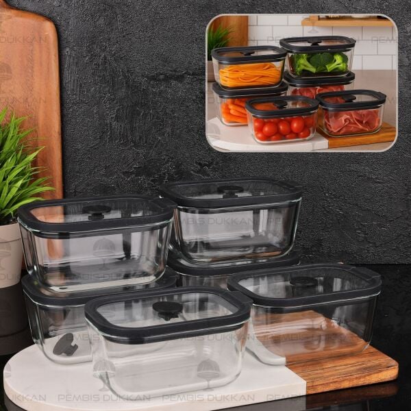 6LI SİYAH 470ML SİLİKON VAKUMLU, CAM SAKLAMA KABI (3H01)