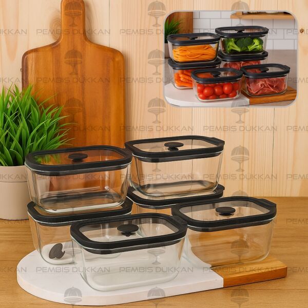 6LI SİYAH 470ML SİLİKON VAKUMLU, CAM SAKLAMA KABI (3H01)