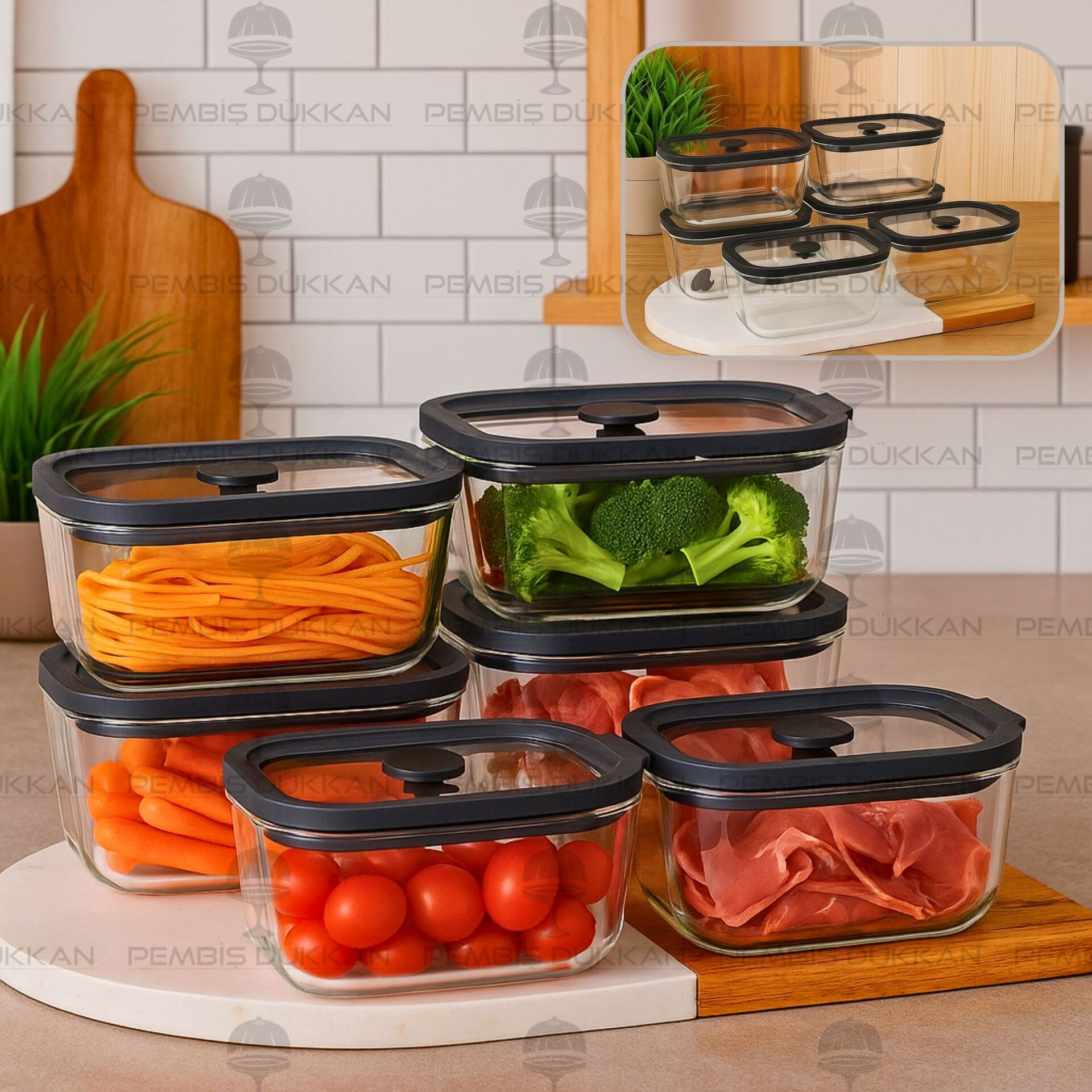 6LI SİYAH 470ML SİLİKON VAKUMLU, CAM SAKLAMA KABI (3H01)