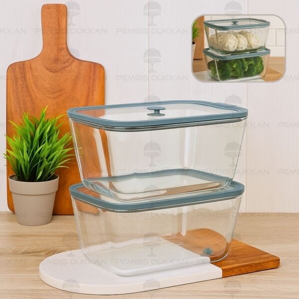 2Lİ GRİ 2620ML SİLİKON VAKUMLU, CAM SAKLAMA KABI (3H04G)