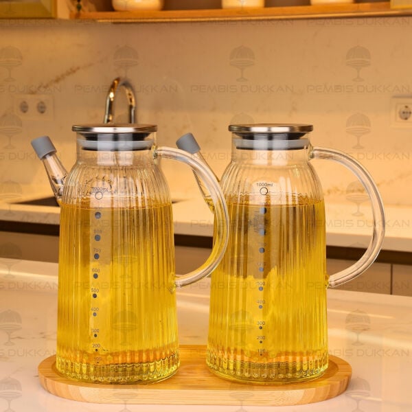 Bambu Altlıklı, 2li İnce Çizgili Metal Yağdanlık Set (Gla03 + 75652)