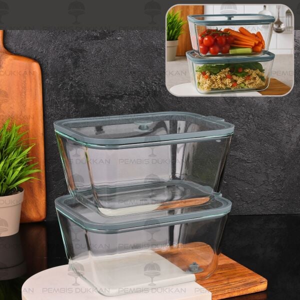 2Lİ GRİ 1380ML SİLİKON VAKUMLU, CAM SAKLAMA KABI (3H03G)