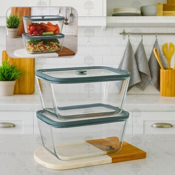 2Lİ GRİ 1380ML SİLİKON VAKUMLU, CAM SAKLAMA KABI (3H03G)