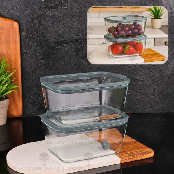 2Lİ GRİ 800ML SİLİKON VAKUMLU, CAM SAKLAMA KABI (3H02G)