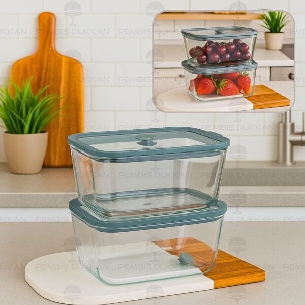 2Lİ GRİ 800ML SİLİKON VAKUMLU, CAM SAKLAMA KABI (3H02G)