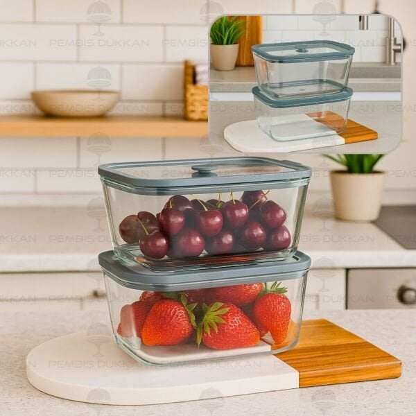 2Lİ GRİ 800ML SİLİKON VAKUMLU, CAM SAKLAMA KABI (3H02G)