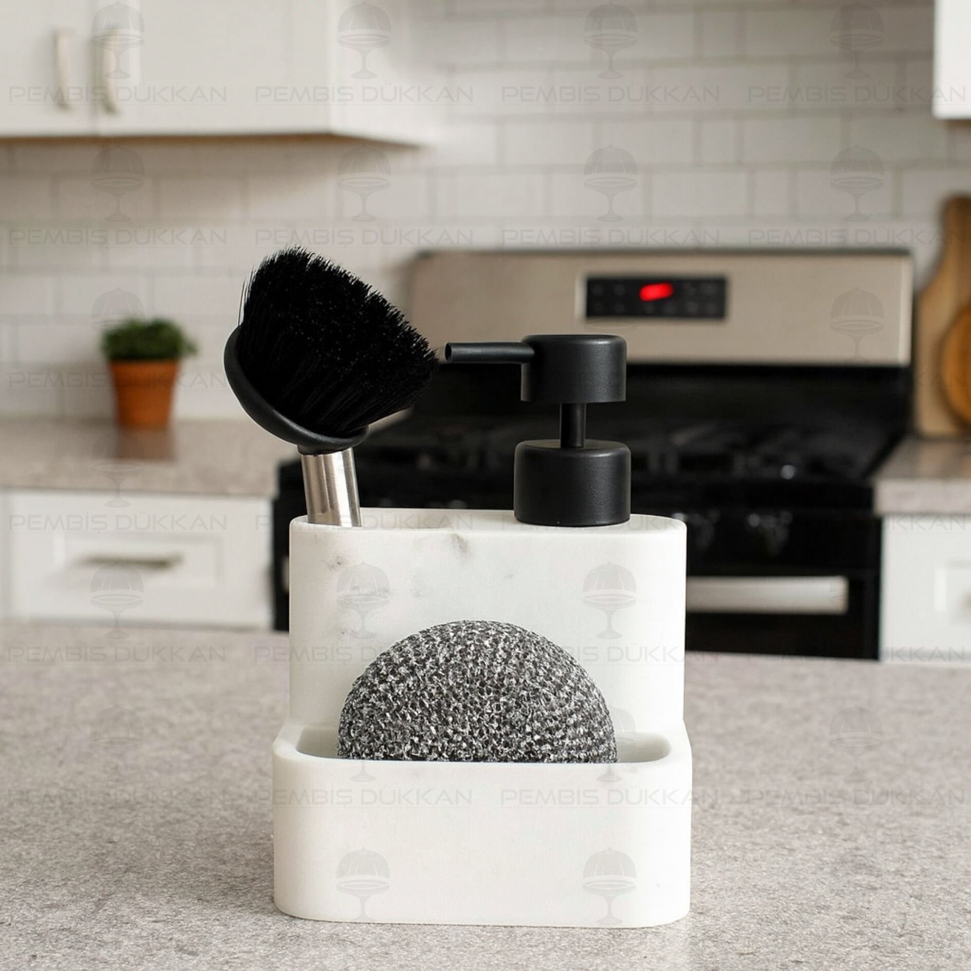 BEYAZ PİTA SÜNGERLİK HAZNELİ, FIRÇALI POLYRESİN SABUNLUK (56814)