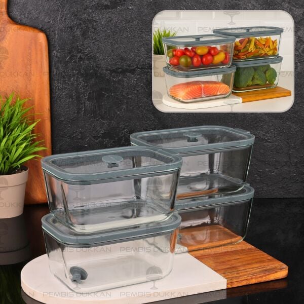 4LÜ GRİ 800ML SİLİKON VAKUMLU, CAM SAKLAMA KABI (3H02G)