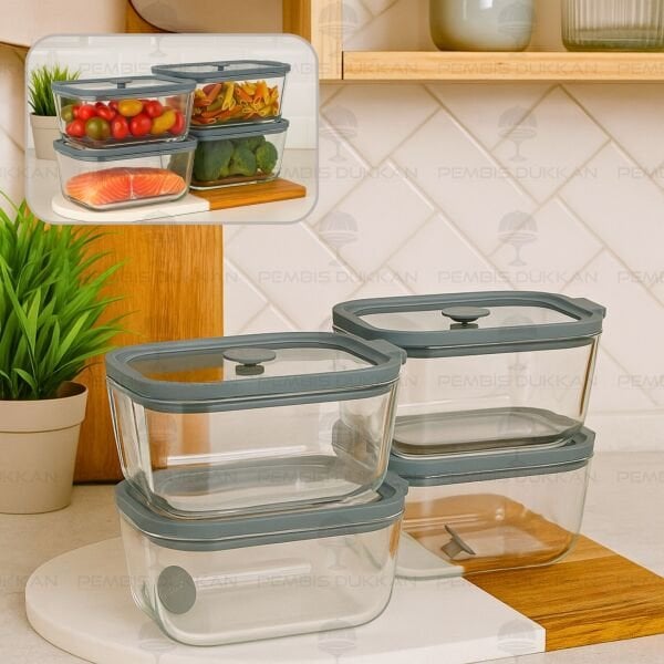 4LÜ GRİ 800ML SİLİKON VAKUMLU, CAM SAKLAMA KABI (3H02G)