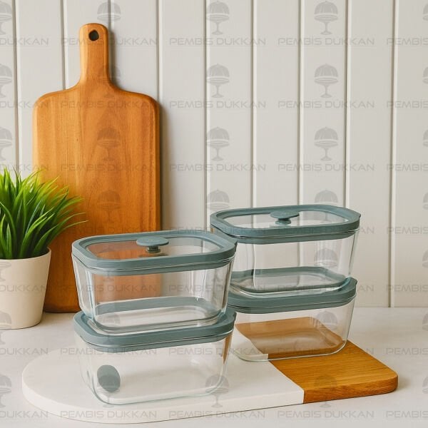 4LÜ GRİ 470ML SİLİKON VAKUMLU, CAM SAKLAMA KABI (3H01G)