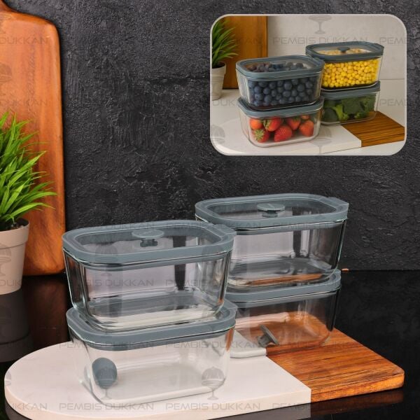 4LÜ GRİ 470ML SİLİKON VAKUMLU, CAM SAKLAMA KABI (3H01G)