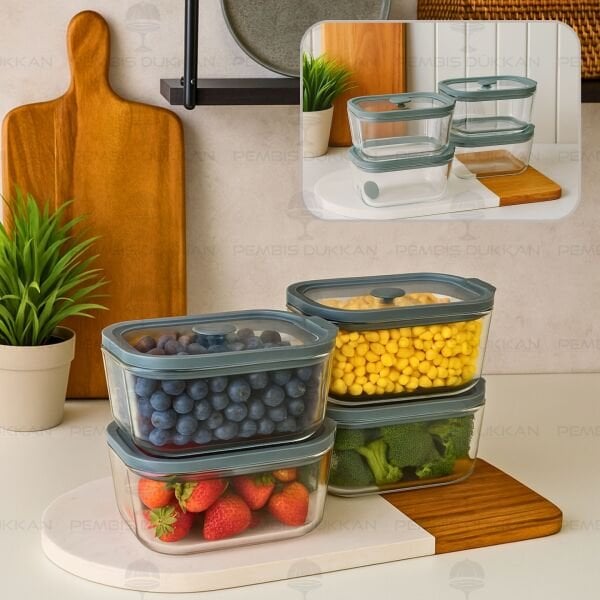 4LÜ GRİ 470ML SİLİKON VAKUMLU, CAM SAKLAMA KABI (3H01G)