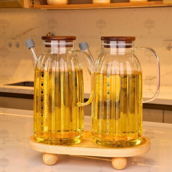 Bambu Altlıklı, 2li Kalın Çizgili Akasya Yağdanlık Set (Gla021 + 1094)