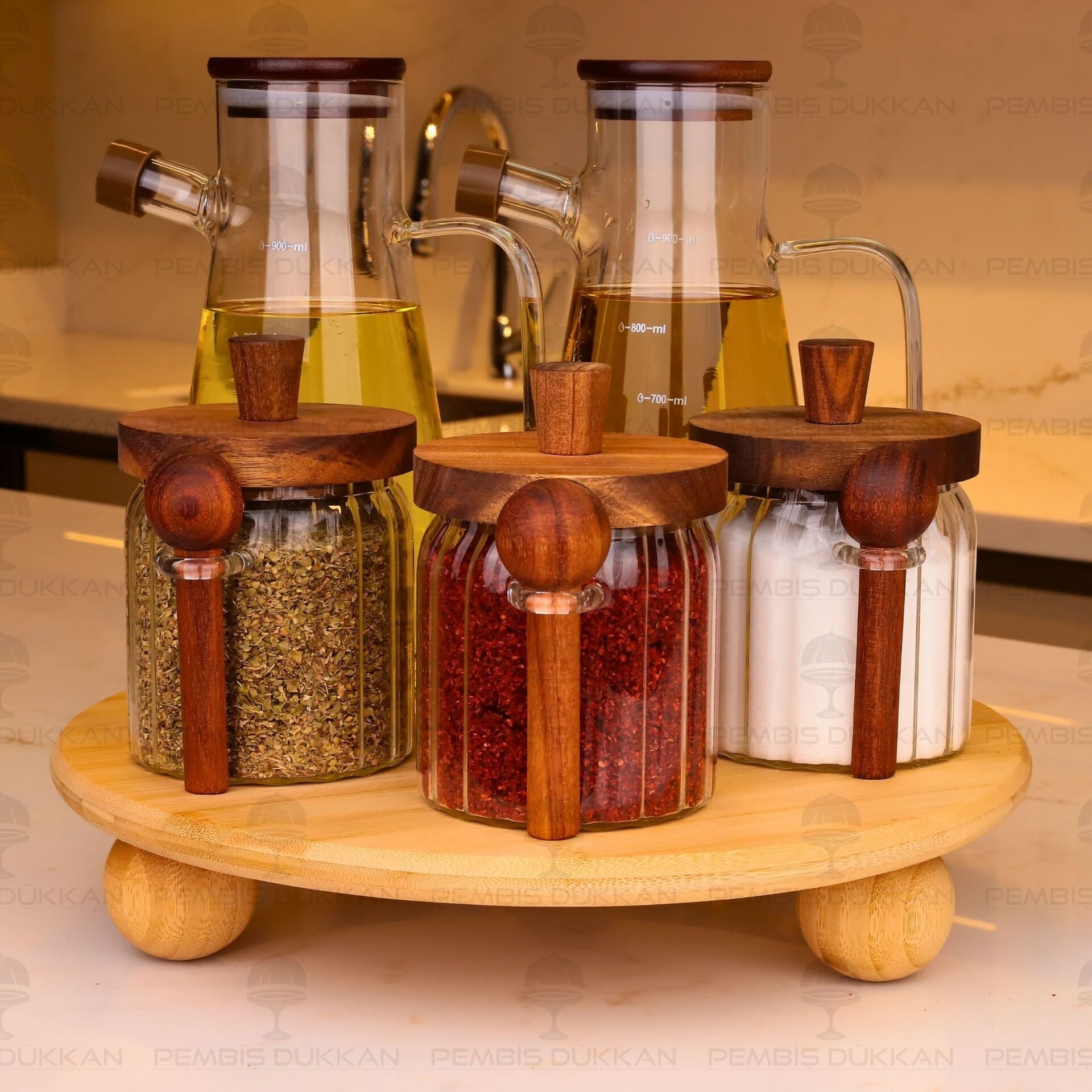 5Lİ BAMBU STANDLI SERENİT & VALORE ÇİZGİLİ OCAK YANI YAĞDANLIK KOMBİN SET NO1 (1092)