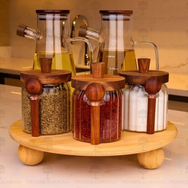 5Lİ BAMBU STANDLI SERENİT & VALORE ÇİZGİLİ OCAK YANI YAĞDANLIK KOMBİN SET NO1 (1092)