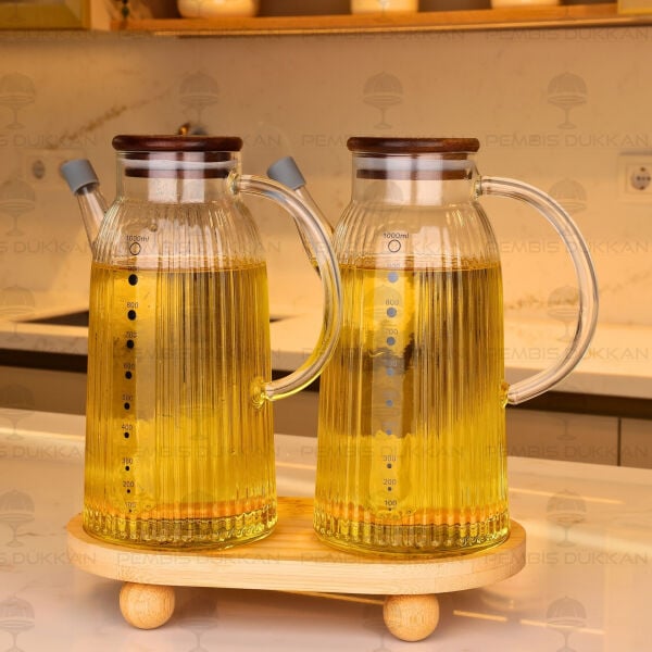 Bambu Altlıklı, 2li İnce Çizgili Akasya Yağdanlık Set (Gla022 + 1094)