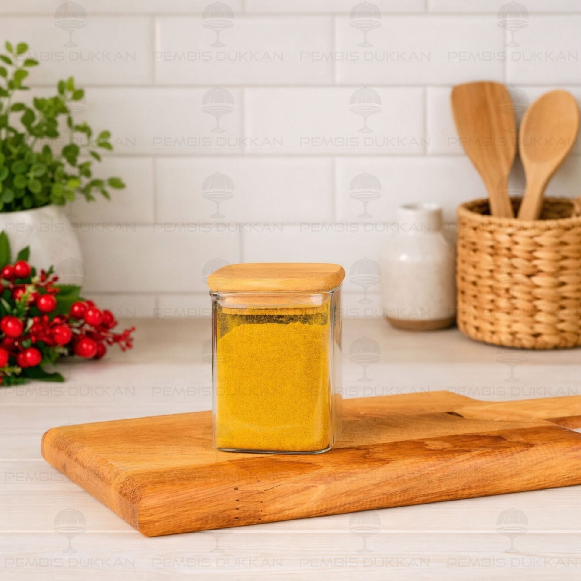1 Adet 200ml Kare Bambu Kapaklı Baharatlık (1348)