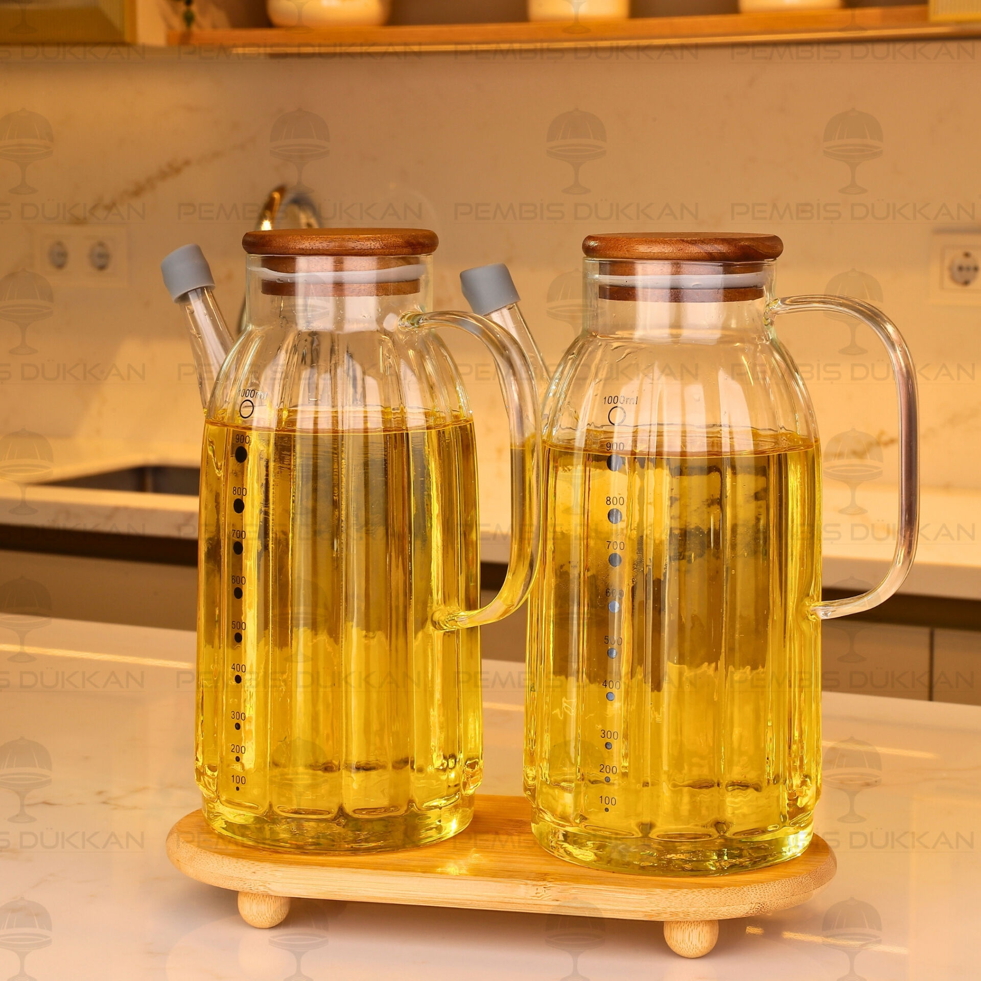 Bambu Altlıklı, 2li Kalın Çizgili Akasya Yağdanlık Set (Gla021 + 1526)