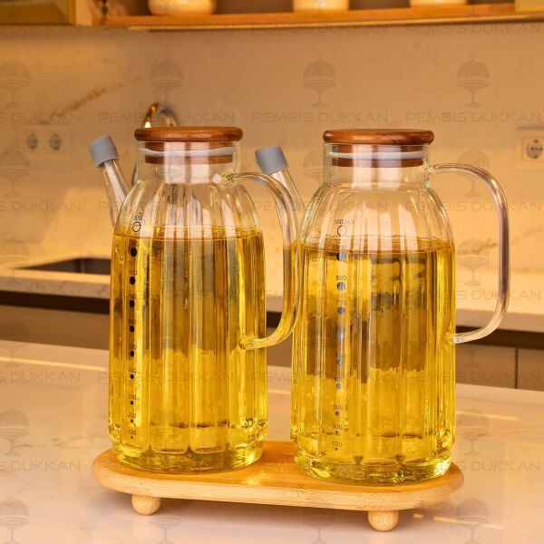 Bambu Altlıklı, 2li Kalın Çizgili Akasya Yağdanlık Set (Gla021 + 1526)