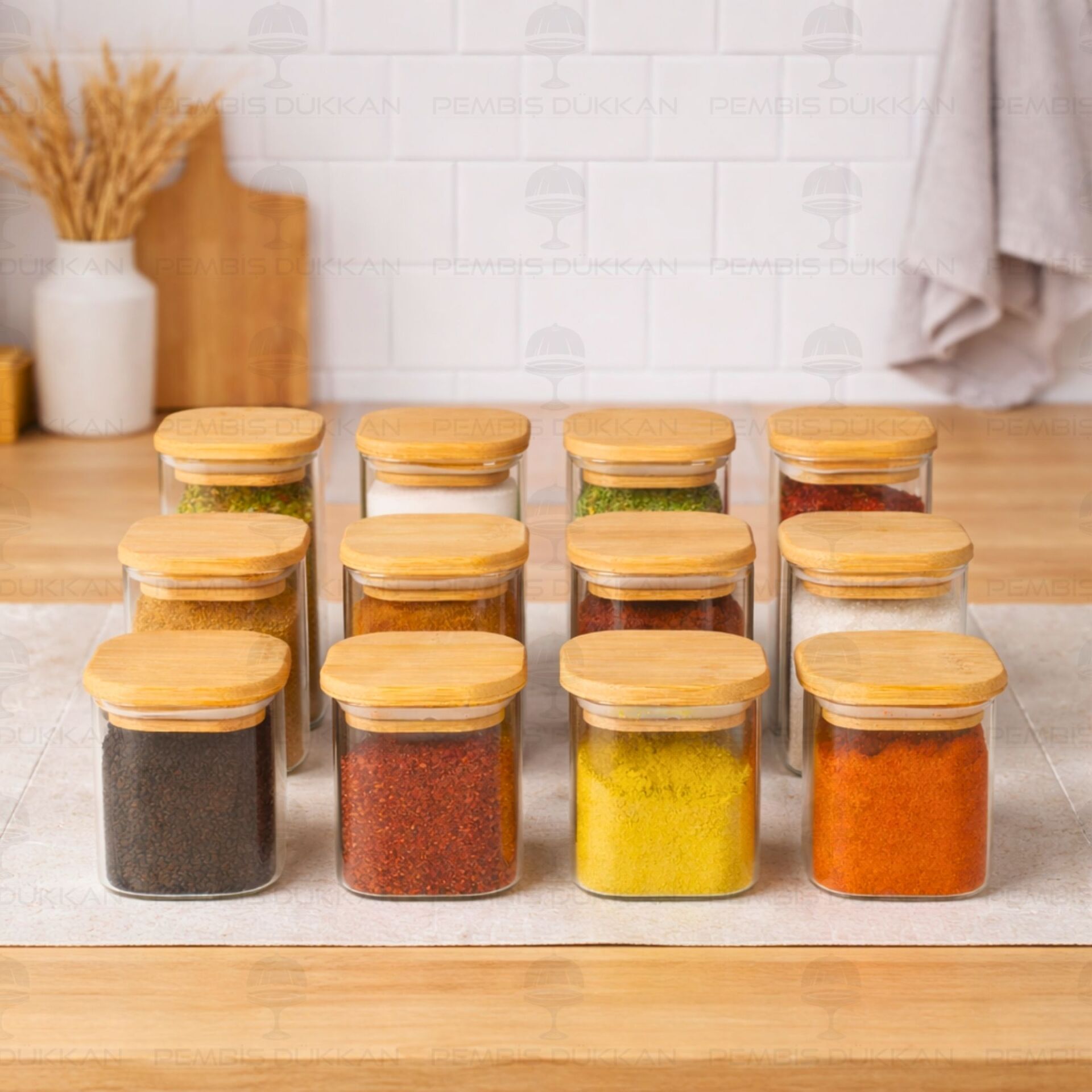 12Lİ KARE BAMBU KAPAKLI BAHARATLIK KAVANOZ SET