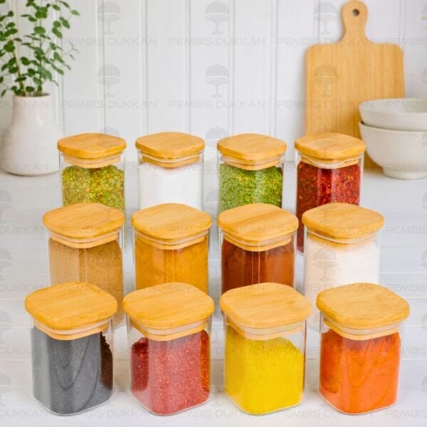 12Lİ KARE BAMBU KAPAKLI BAHARATLIK KAVANOZ SET