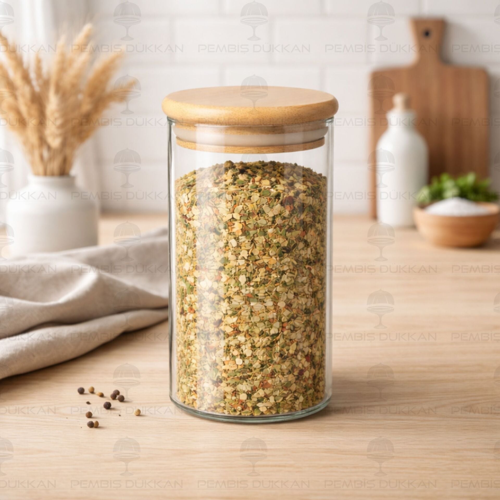 1 Adet 300ml Yuvarlak Bambu Kapaklı Baharatlık (6512)
