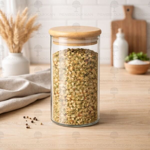 1 Adet 300ml Yuvarlak Bambu Kapaklı Baharatlık (6512)