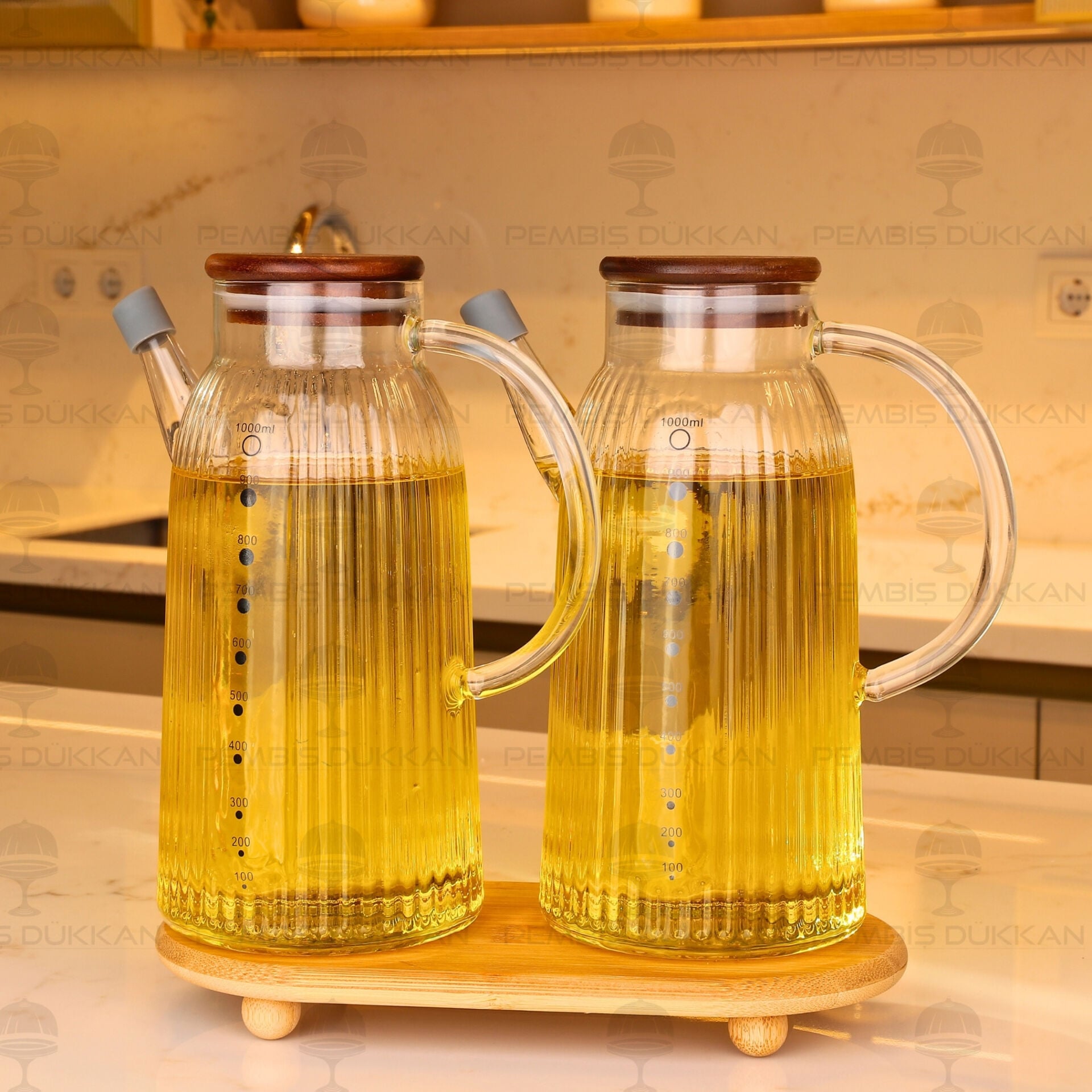 Bambu Altlıklı, 2li İnce Çizgili Akasya Yağdanlık Set (Gla022 + 1526)
