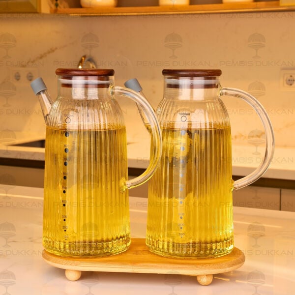 Bambu Altlıklı, 2li İnce Çizgili Akasya Yağdanlık Set (Gla022 + 1526)