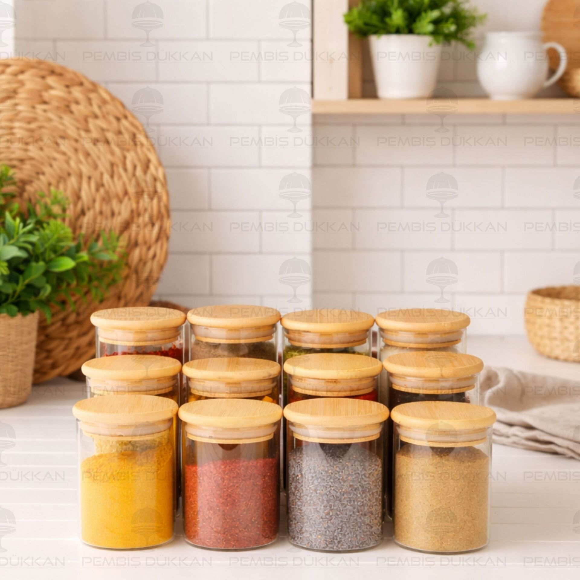 12Lİ YUVARLAK BAMBU KAPAKLI BAHARATLIK KAVANOZ SET