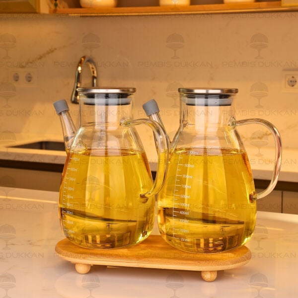 Bambu Altlıklı, 2li Tess Metal Kapaklı Yağdanlık Set (Gla016 + 1526)