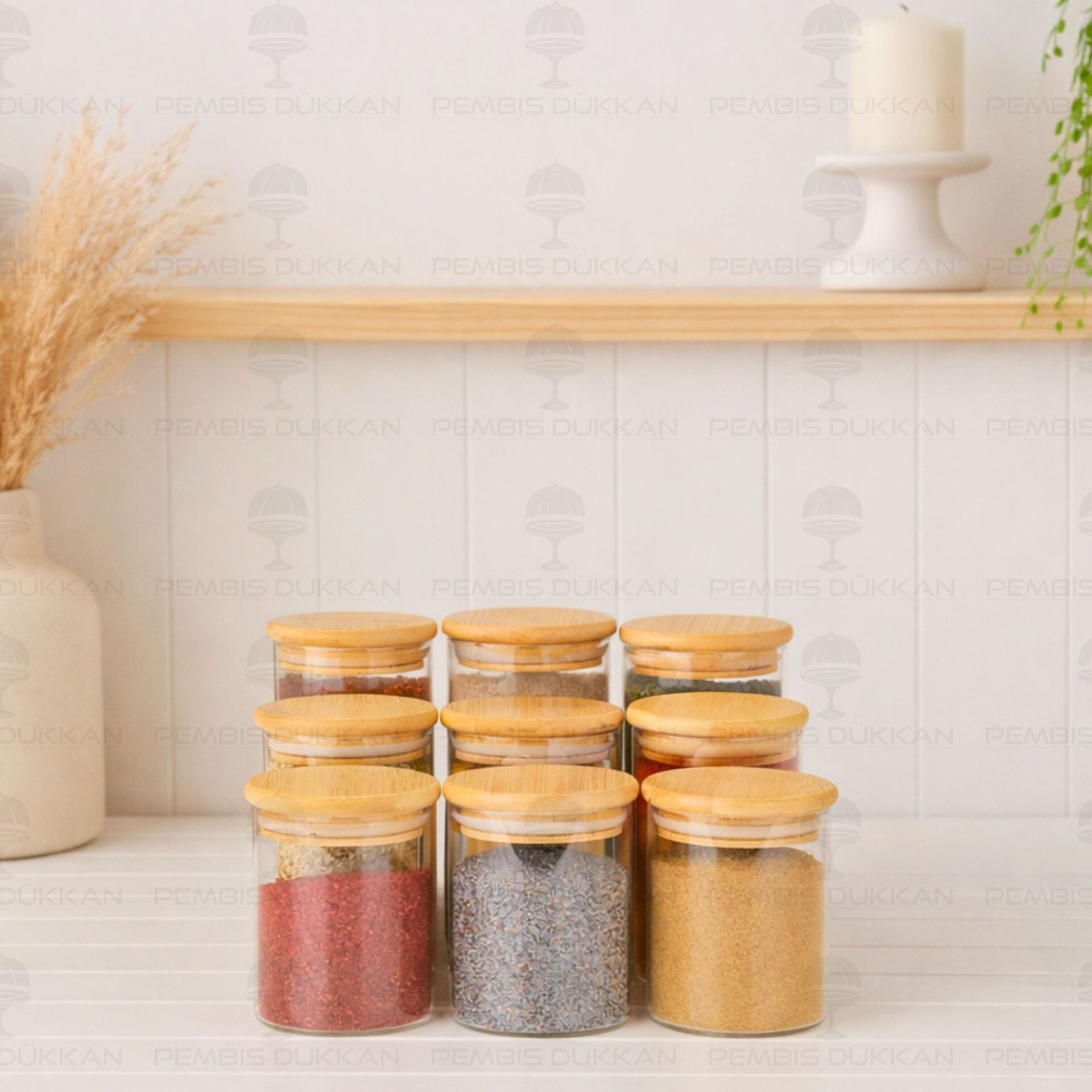 9LU YUVARLAK BAMBU KAPAKLI BAHARATLIK KAVANOZ SET