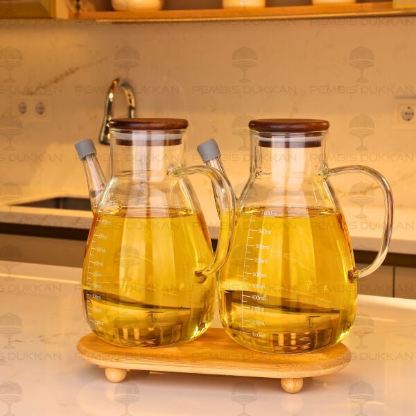 Bambu Altlıklı, 2li Tess Akasya Kapaklı Yağdanlık Set (Gla020 + 1526)
