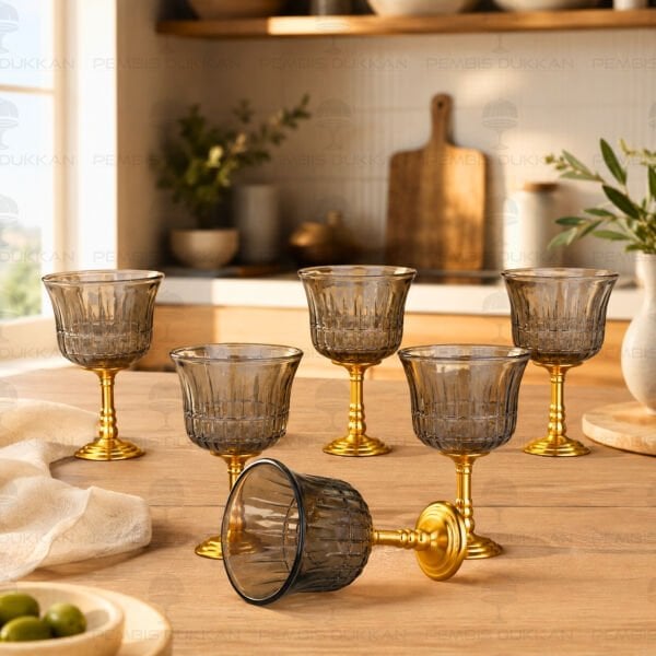 GOLD AYAKLI FÜME 6 KİŞİLİK KAHVE YANI KADEH